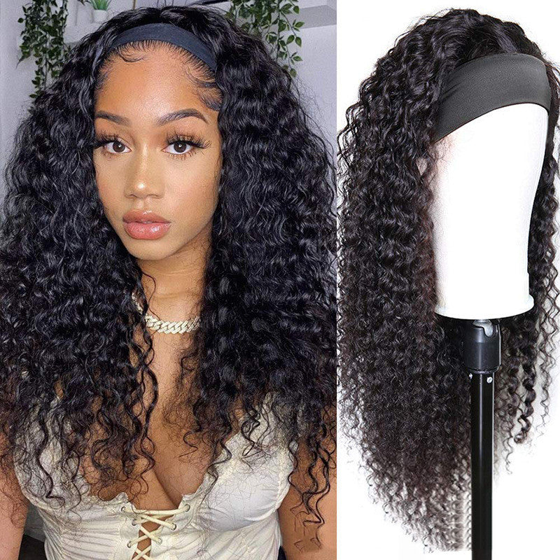 Long Curly Hair With Headgear Natural Color Full Real Hair Turban Wig Cover