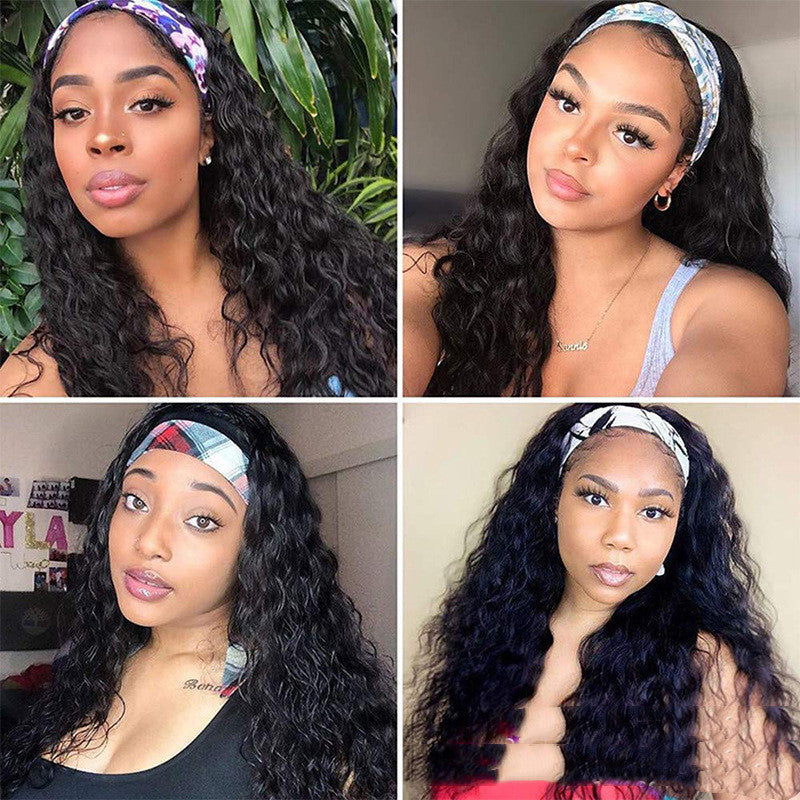 Long Curly Hair With Headgear Natural Color Full Real Hair Turban Wig Cover